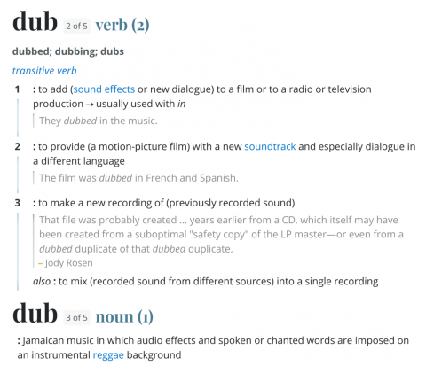 Definition of dub, according to Merriam Webster
