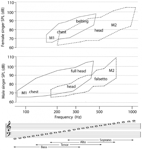 Sketches of voice range profiles for a woman's and man's voice, with some registers indicated (from Garnier et al, 2020).